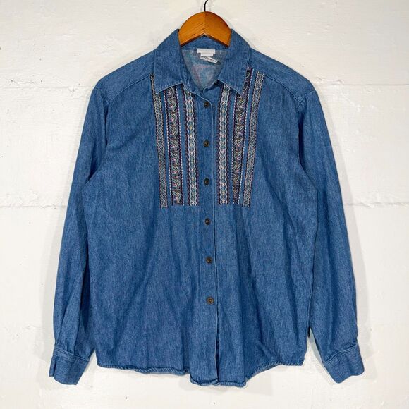 Vintage Koret Denim Shirt Embroidered Panel 90s Western Cottagecore Small - Picture 2 of 11
